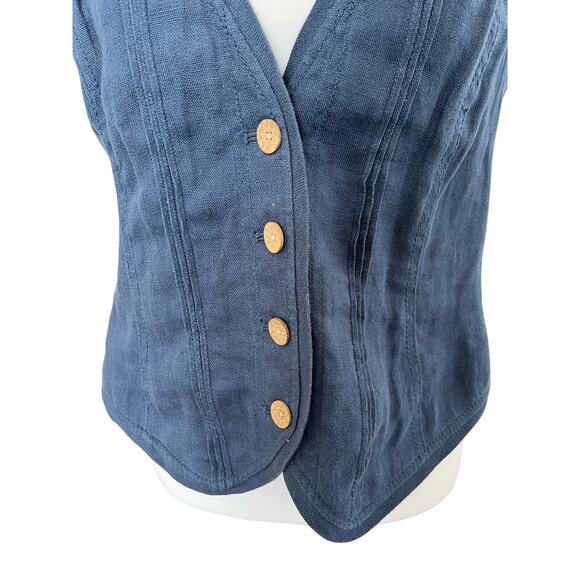 Coldwater Creek Vest Women's Size 10 Blue Linen Wooden Buttons Lace Back - Picture 3 of 10